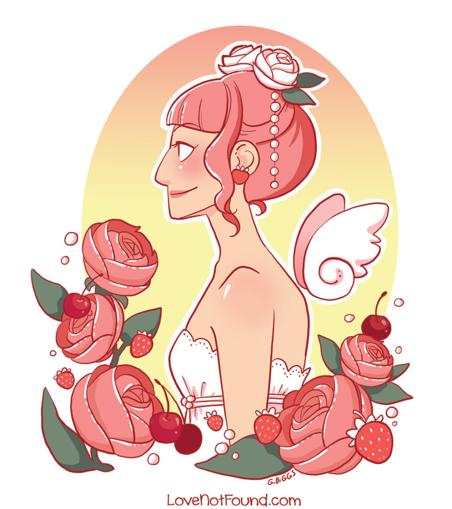 Abeille surrounded by roses, strawberries, and cherries.